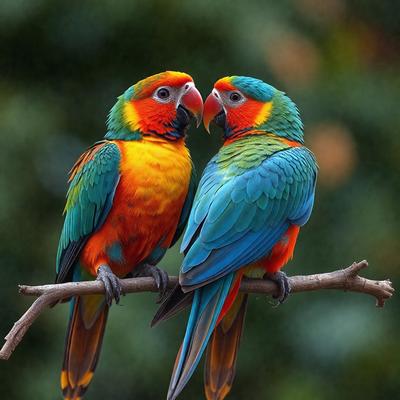 The image features two colorful birds perched on a branch. The birds are positioned close to each other, with one bird on the left side and the other on the right side of the branch. The birds are facing each other, possibly engaging in a conversation or interaction. The scene is set in a natural environment, with the birds being the primary subjects of the image. The colors and mood of the scene are vibrant and lively, with the birds' vivid colors and the branch's natural texture creating a sense